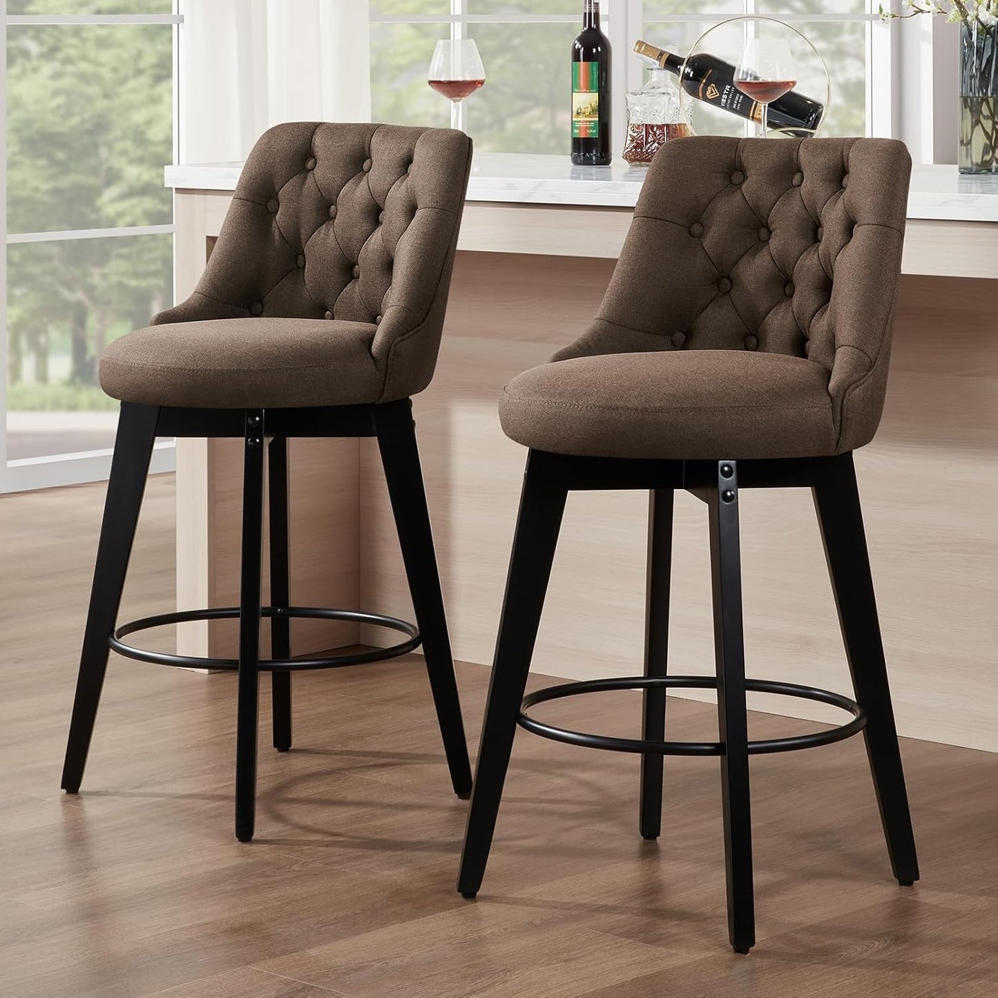 Bar Stools Set of 2, Swivel Barstools with Backs and Wood Legs, 27" Linen Fabric Upholstered Bar Chairs for Kitchen Island, Dining, Cafe, Pub（Sepia）-1