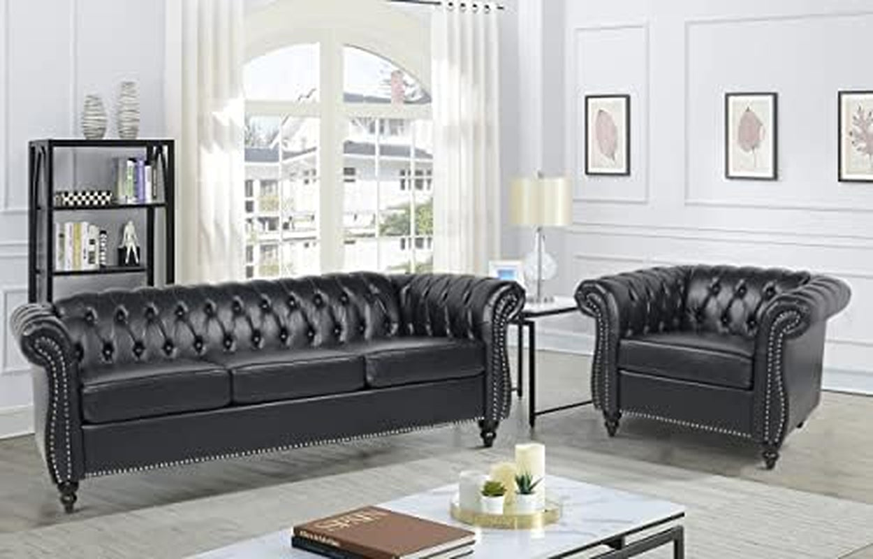 Modern Black Faux Leather Tufted Sofa Chair Set-0