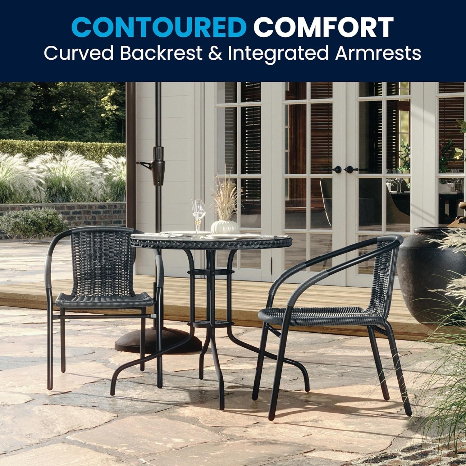 3-Piece Patio Dining Set with round Glass Metal Table and 2 Stackable Rattan Chairs, Indoor/Outdoor Bistro Table and Chairs Set, Gray-2