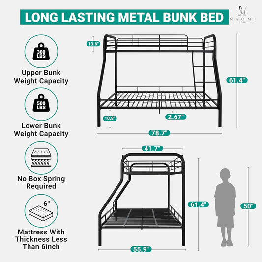 Hollywood Bunk Beds Twin over Full Size, Heavy Duty Metal Bunk Bed with Safety Guardrails, Angled Ladder, Underbed Storage, 800Lbs Capacity - for Kids and Teens, Twin over Full Bunk Bed, Black-1