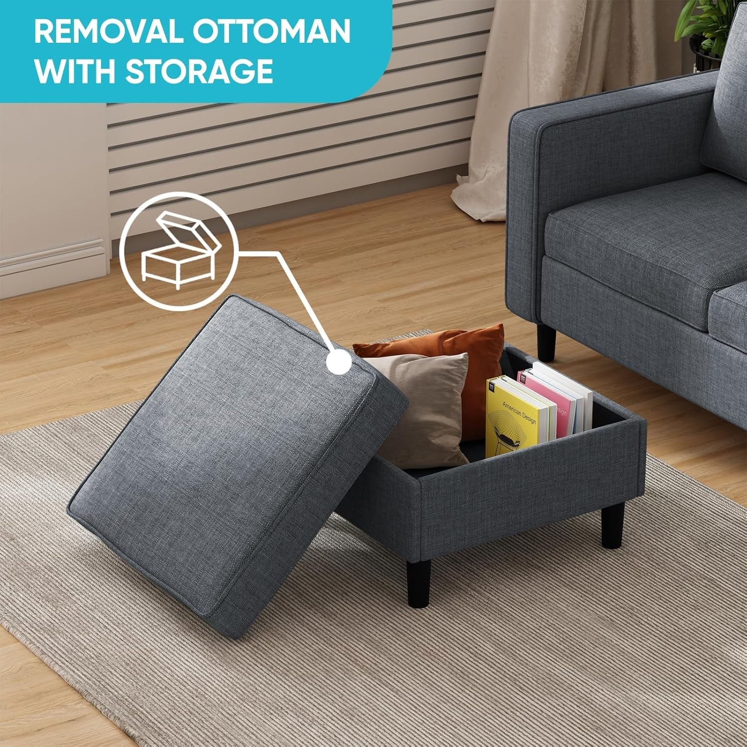 6 Seaters Sectional Upholstered Sofa, Linen Fabric Sofa Couch with Side Pockets, Free Combination Sofa Set with Movable Storage Ottoman, for Living Room-Sofa&Loveseat&Chair&Ottoman,Dark Grey-4