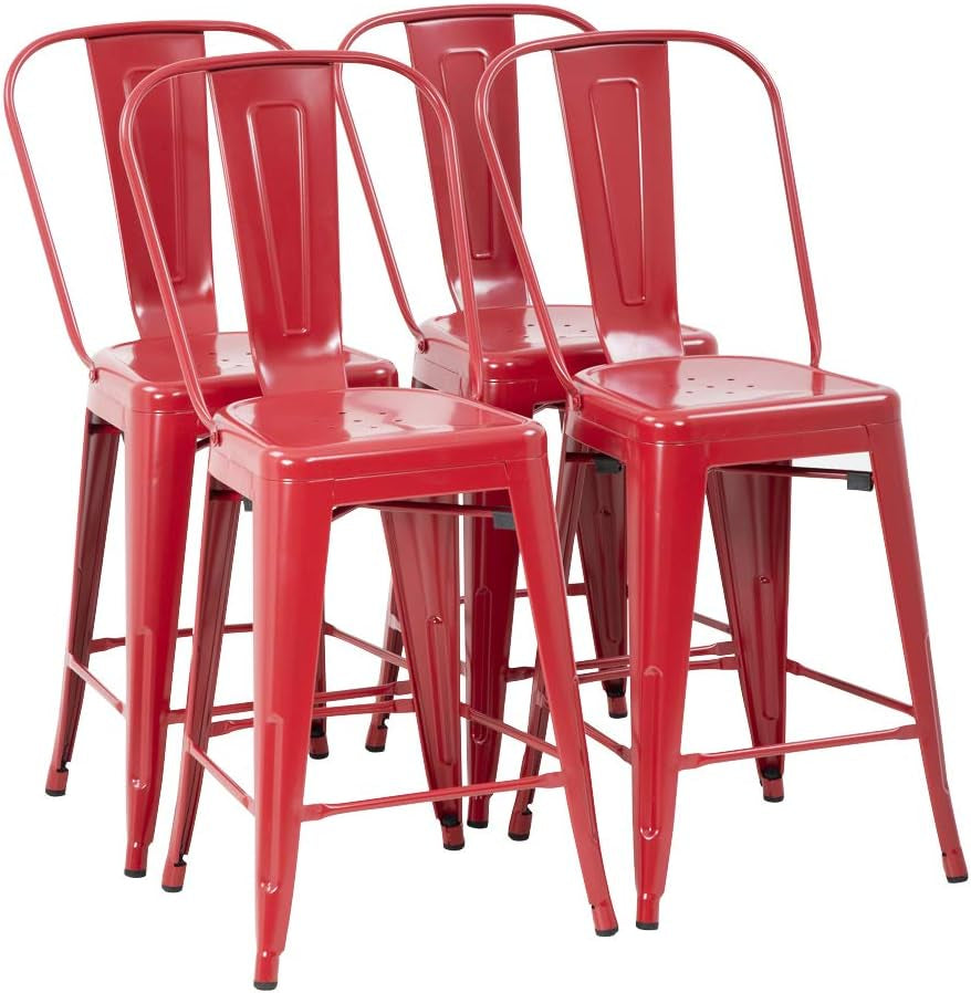 24 Inches Bar Stool Set of 4 Counter Height Barstool with Back Seat Height Industrial Bar Chairs Indoor Outdoor Metal Bar Stool Kitchen Stools Restaurant Patio Stool Stackable Modern Kitchen Stool-0