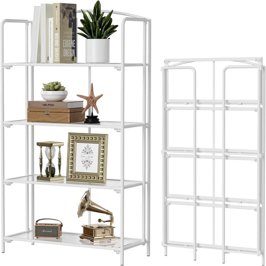 No Assembly Folding Bookshelf for Living Room, 4 Tier White Collapsible Book Shelf for Home Office, Portable Bookcase Storage Organizer-0