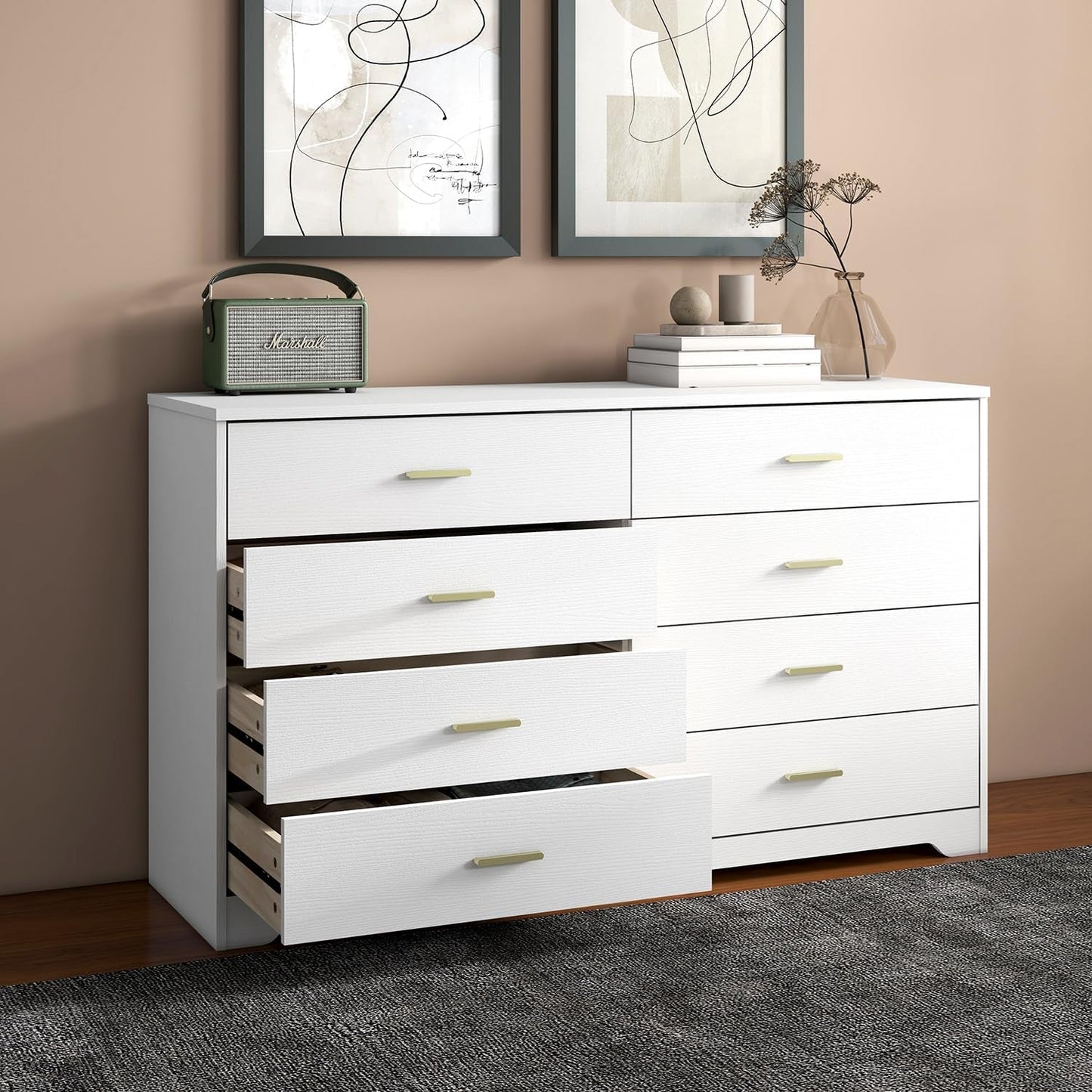 8 Drawer Wood Lateral Dresser, Big Wide Chest of Drawers Storage Organizer with Metal Gold Handles Home Bedroom (White)-1