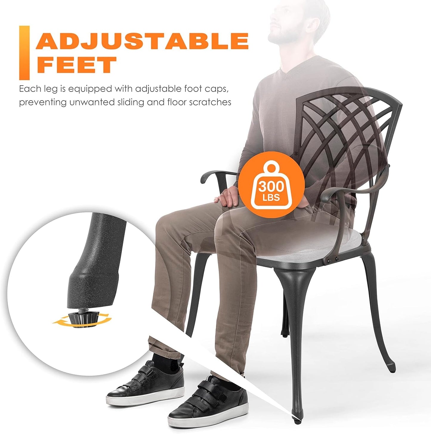 Bistro Set 3 Piece Outdoor Cast Aluminum Patio Bistro Set Patio Table and Chairs Set of 2 with Umbrella Hole and Gray Cushions, Black-3