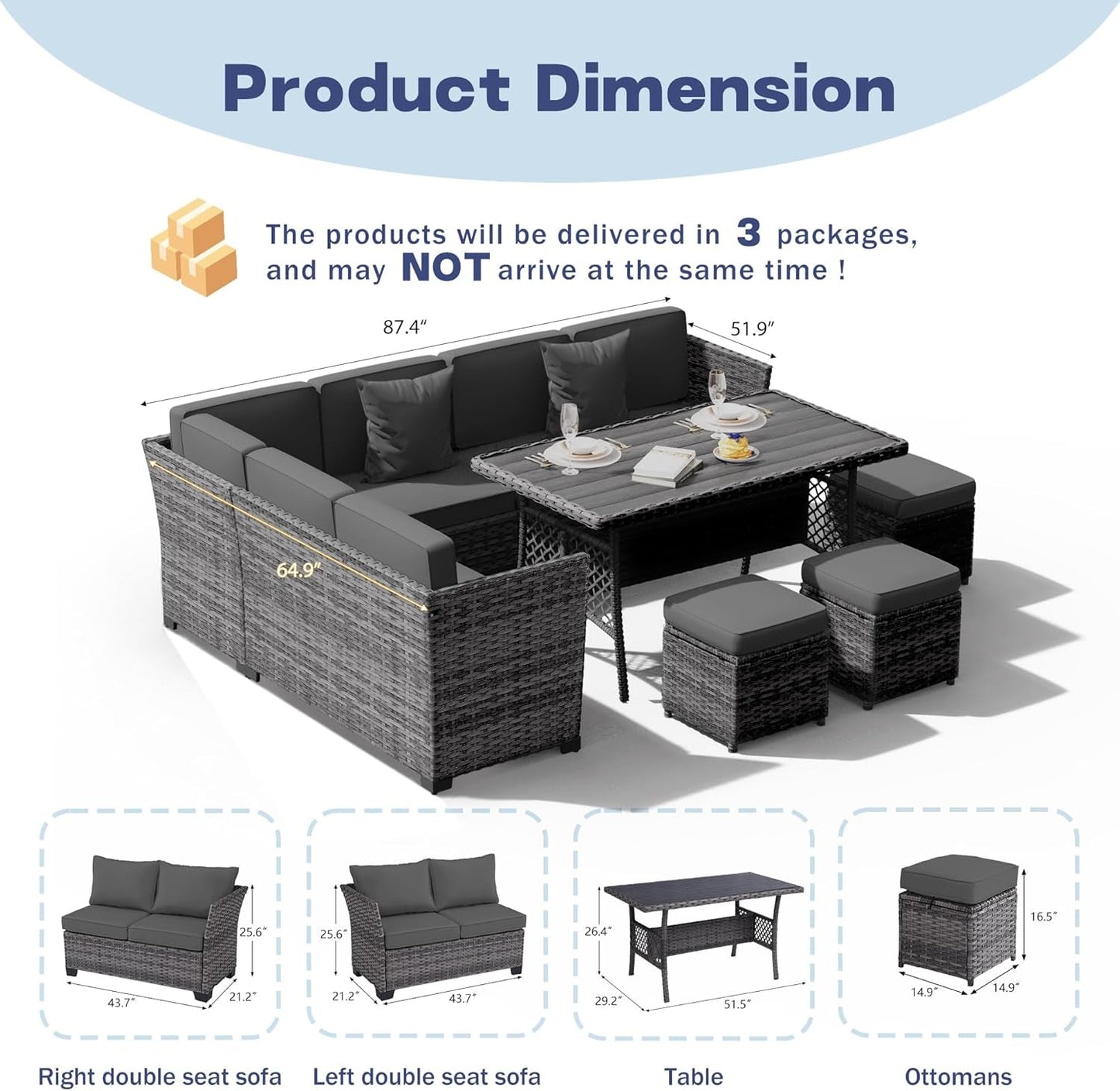7 Pieces Patio Dining Sets, Patio Furniture Set, All Weather Wicker Conversation Set with Ottoman, Sectional Sofa with Dining Table and Chair (6227 Grey-Grey)-1