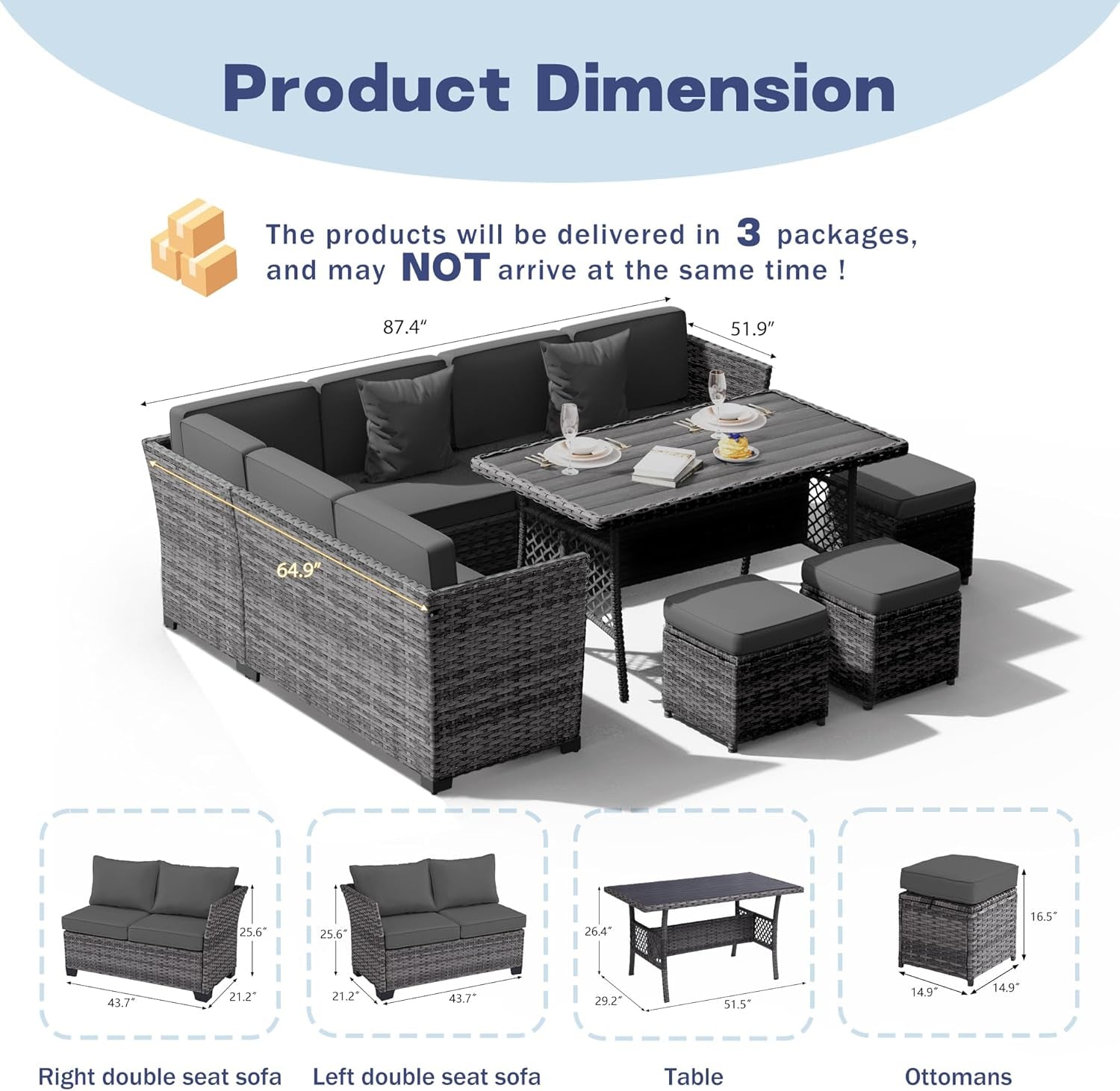 7 Pieces Patio Dining Sets, Patio Furniture Set, All Weather Wicker Conversation Set with Ottoman, Sectional Sofa with Dining Table and Chair (6227 Grey-Grey)-1