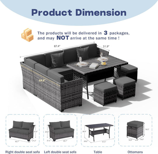 7 Pieces Patio Dining Sets, Patio Furniture Set, All Weather Wicker Conversation Set with Ottoman, Sectional Sofa with Dining Table and Chair (6227 Grey-Grey)-1