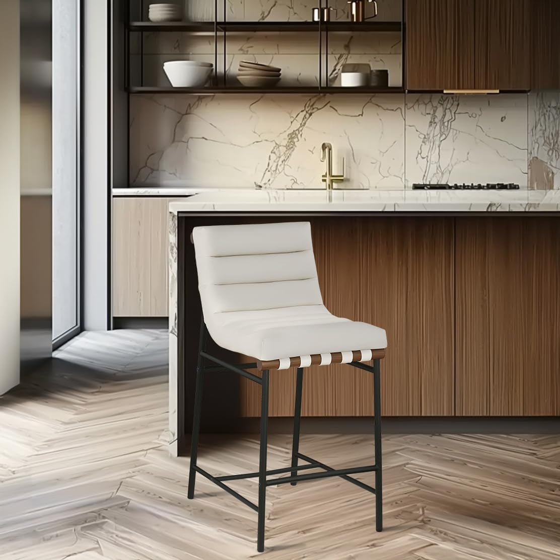 813Cream-C Burke Collection Modern | Contemporary Counter Stool with Soft Cream Vegan Leather, Cream Vegan Leather Straps, Matte Black Metal Frame, 18" W X 24" D X 37.5" H, Cream-1