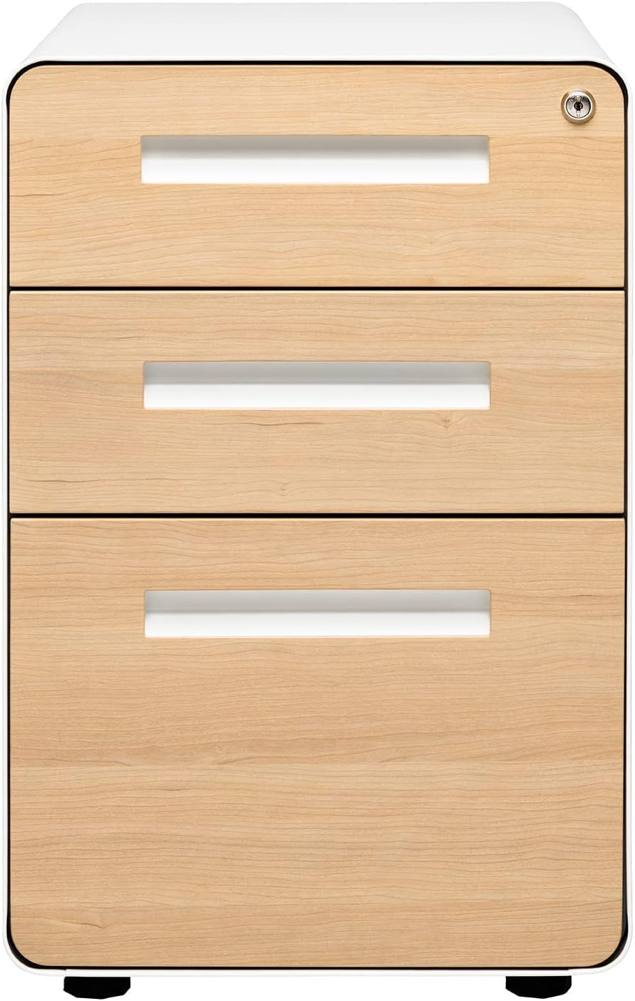 Stockpile 3 Drawer File Cabinet with Lock - under Office Desk Metal Filing Cabinet, Legal/Letter File Folders, Wheels and Stationary Feet, Pre-Assembled, White/Wood-4