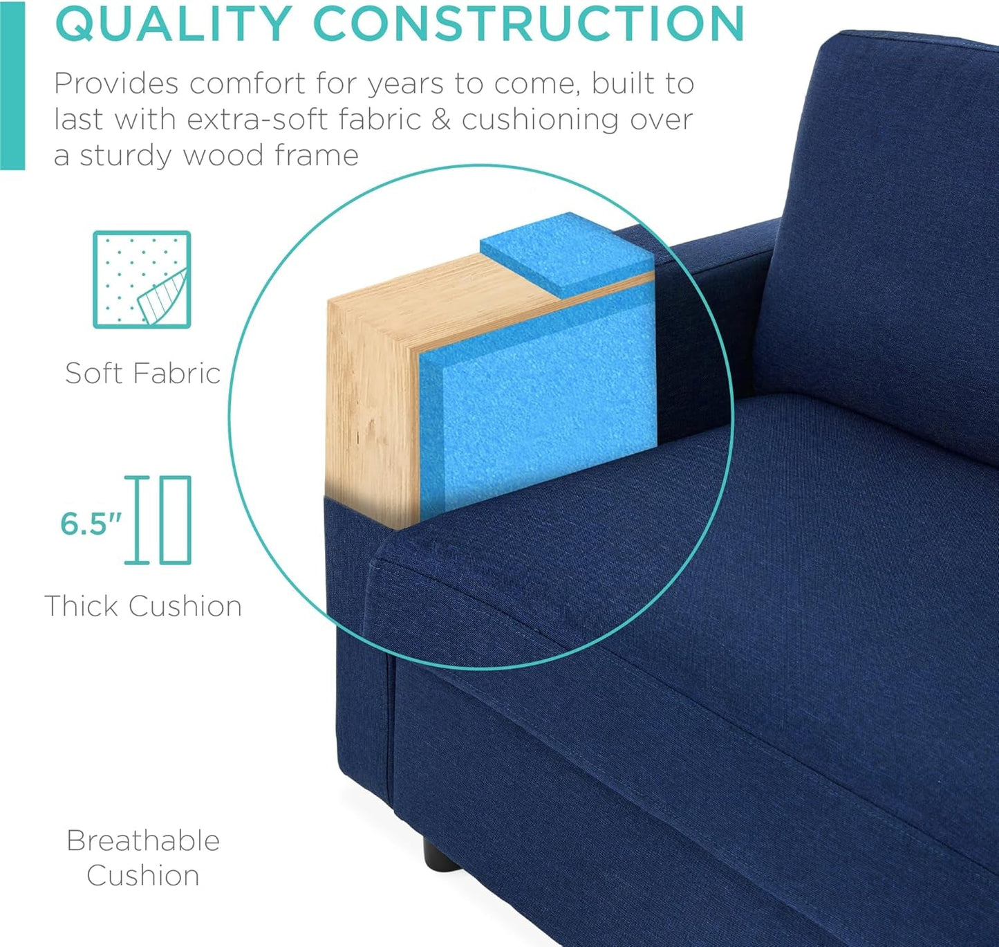 Upholstered Sectional Sofa for Home, Apartment, Dorm, Bonus Room, Compact Spaces W/Chaise Lounge, 3-Seat, L-Shape Design, Reversible Ottoman Bench, 680Lb Capacity - Dark Blue-4