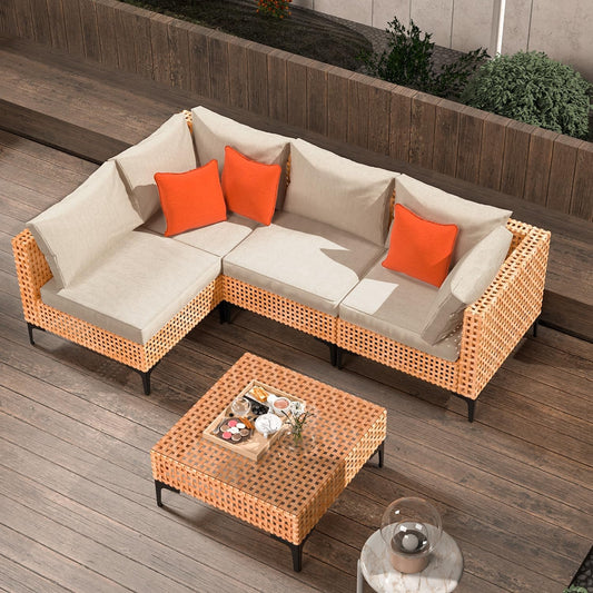 5 Piece Outdoor Patio Furniture Set Modular Outdoor Furniture Set Wicker Outdoor Sectional Sofa with Cushions and Table Patio Set for Balcony Porch Deck Yard ( (Salmon&Orange Wicker, Sand Cushion))-0
