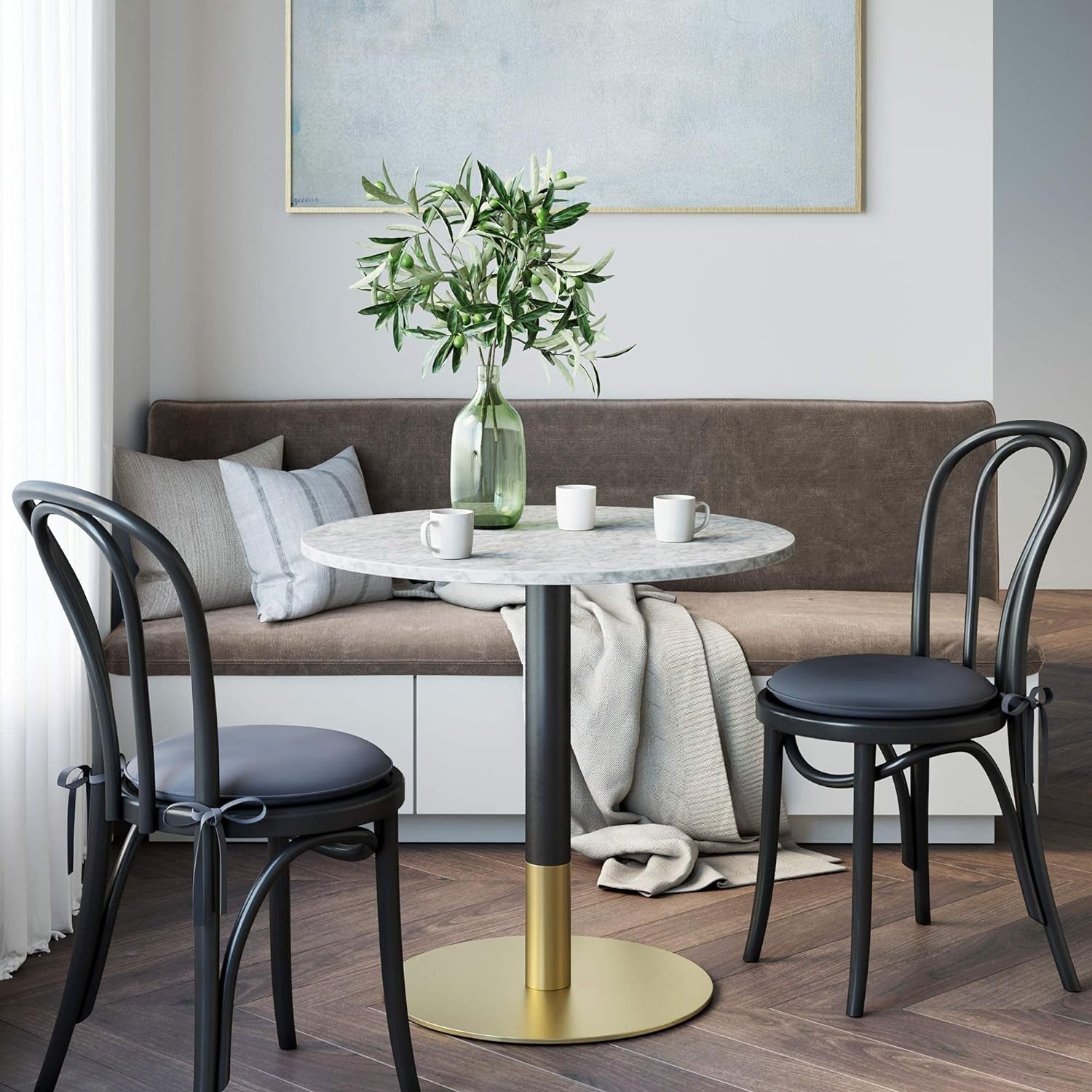 Bistro Lucy Small Mid-Century Modern Kitchen or Dining Table with Faux Carrara Marble Top and Brushed Metal Pedestal Base, Black/Gold 31D X 31.5W X 29H In-3