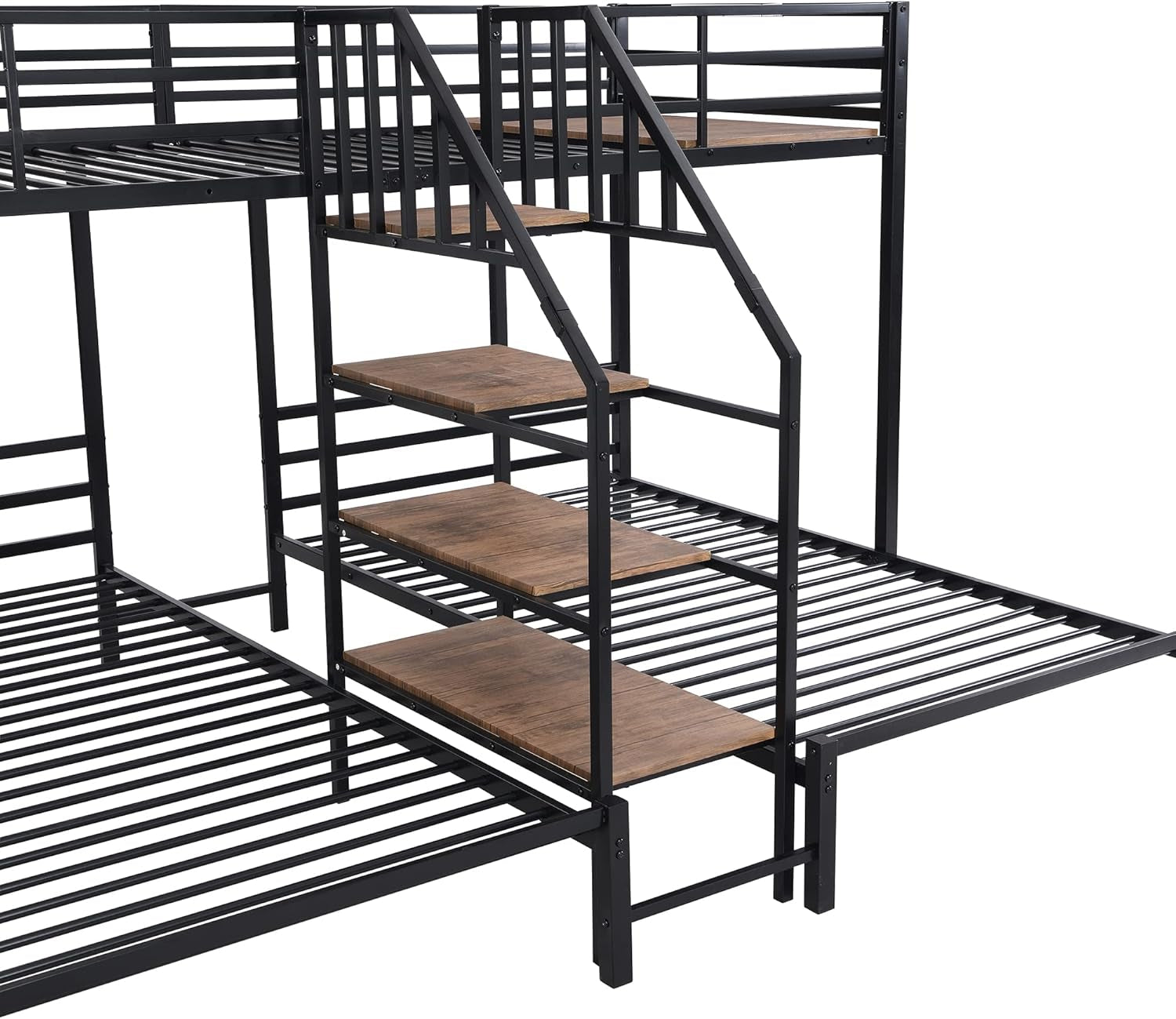Triple Bunk Bed with Storage Stairs, Twin over Twin & Twin Bunk Bed for 3, Metal Bunk Bed with Shelves for Kids Teens Adults, No Box Spring Needed (Black)-3