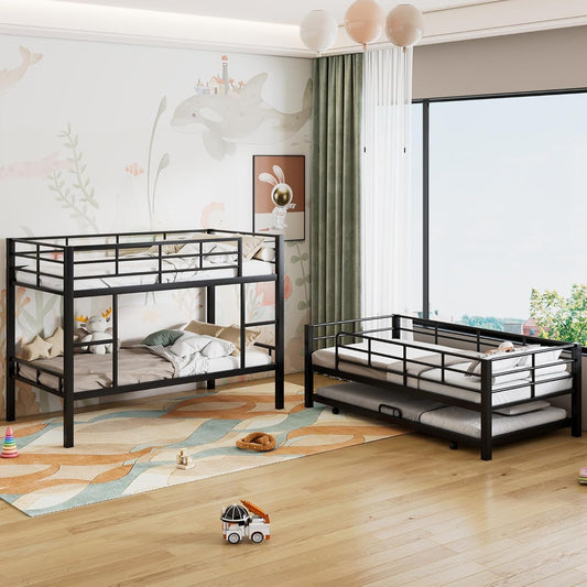 Metal Twin Size Triple Bunk Bed with Trundle for 4, Bunk Beds with 2 Ladders & Guardrails, Convertible to 3 Separate Beds for Kids Teens, Space-Saving, Black-0
