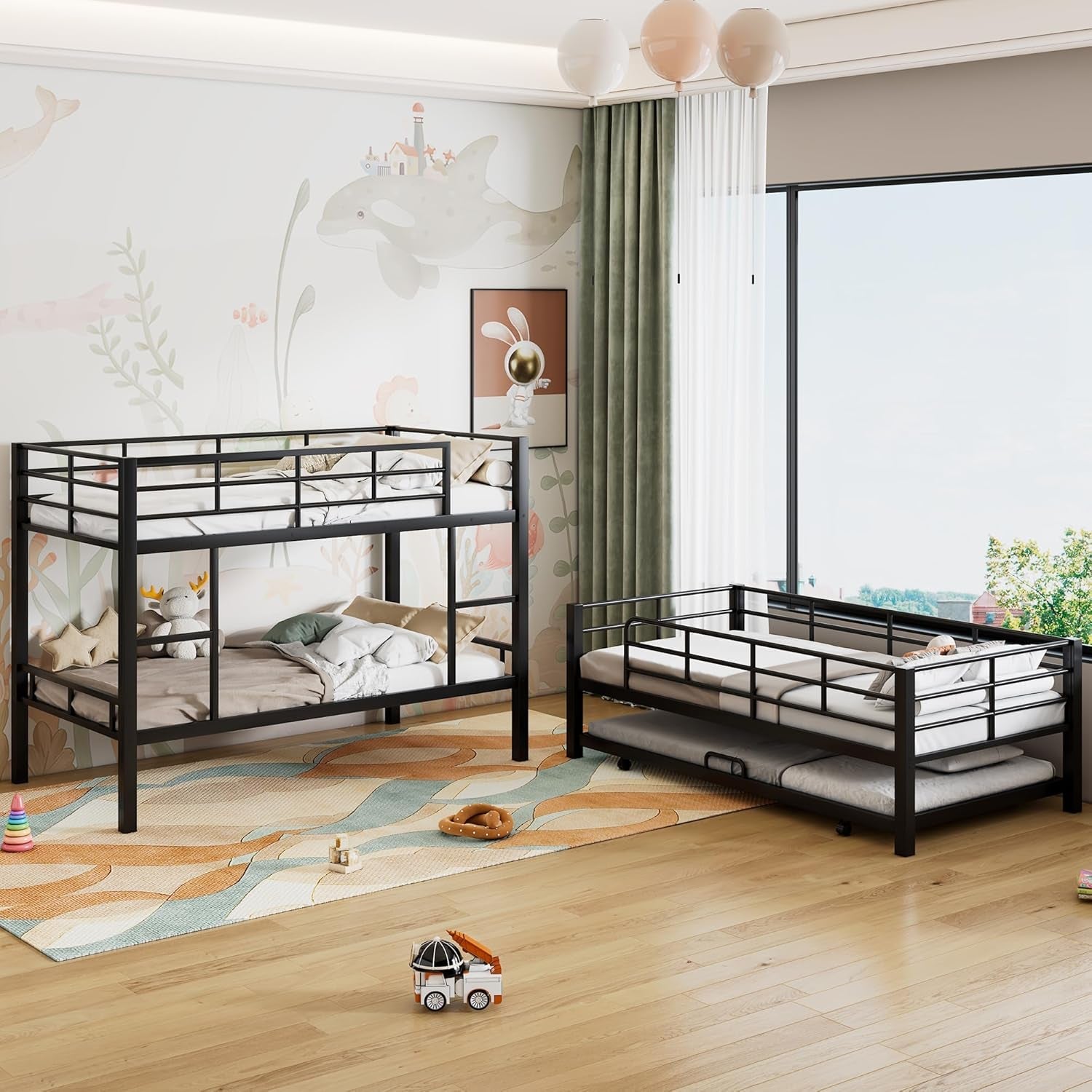 Triple Bunk Bed with Trundle Guardrail & Ladder Twin Size Metal, No Box Spring Needed, Easy Assemble-3
