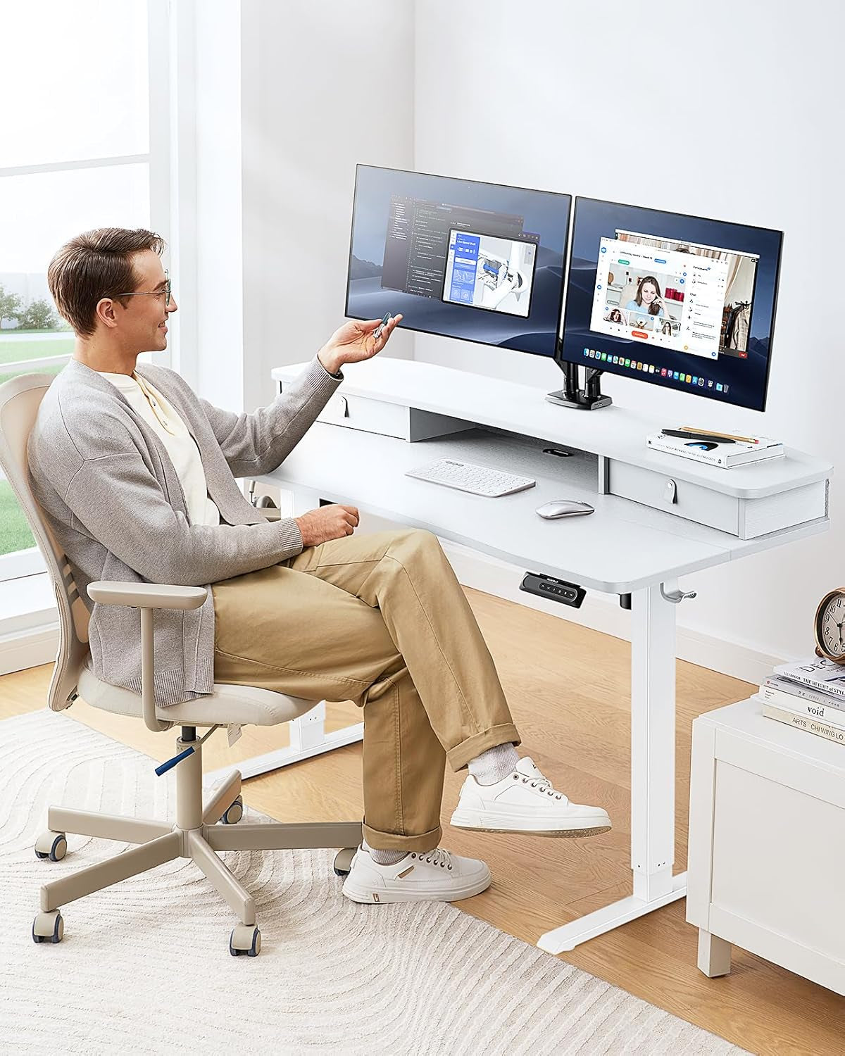 48″ X 24″ Electric Standing Desk with 2 Drawers, C-Clamp Mount Compatible, Height Adjustable Computer Desk, Home Office Stand up Desk with 4 Preset Heights & 2 Hooks, White-1