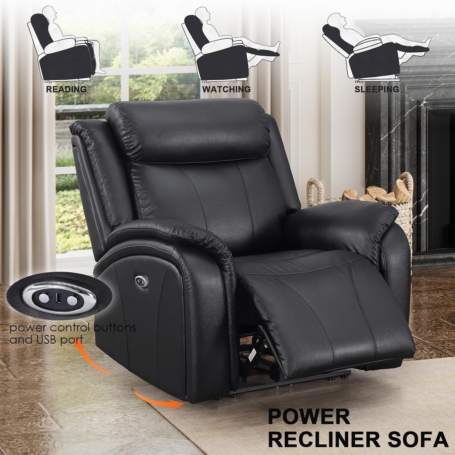 Power Recliner Sofa Set, 3 Piece Reclining Sofa for Living Room, PU Leather Home Theater Seating Recliner Couch Set with Storage and Cup Holders (Black)-4