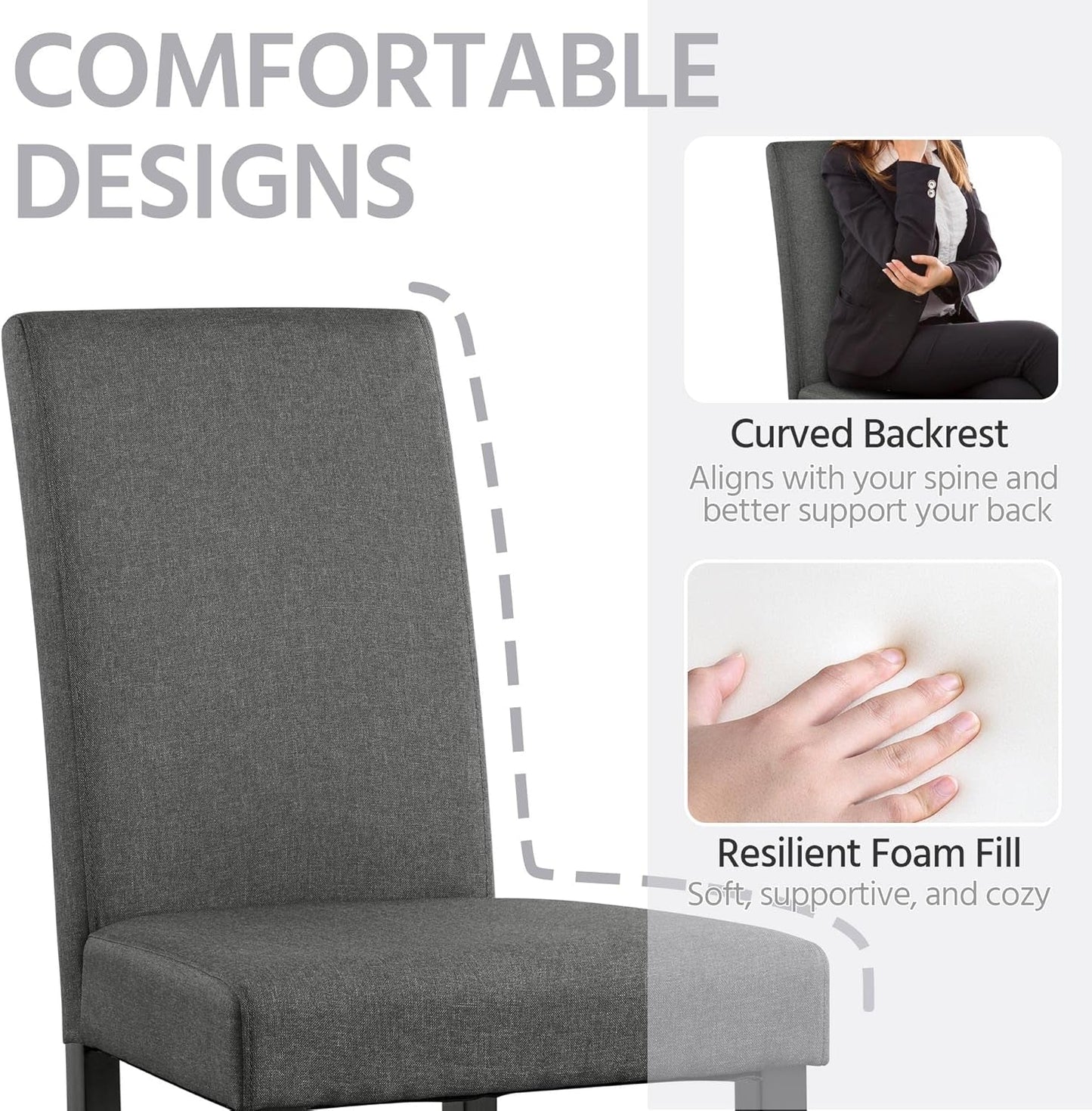 Dining Chair Fabric Parson Chair Modern Stylish Upholstered Kitchen Living Room Padded Chair Armless Side Chair with Solid Wood Legs Set of 4, Dark Grey-3