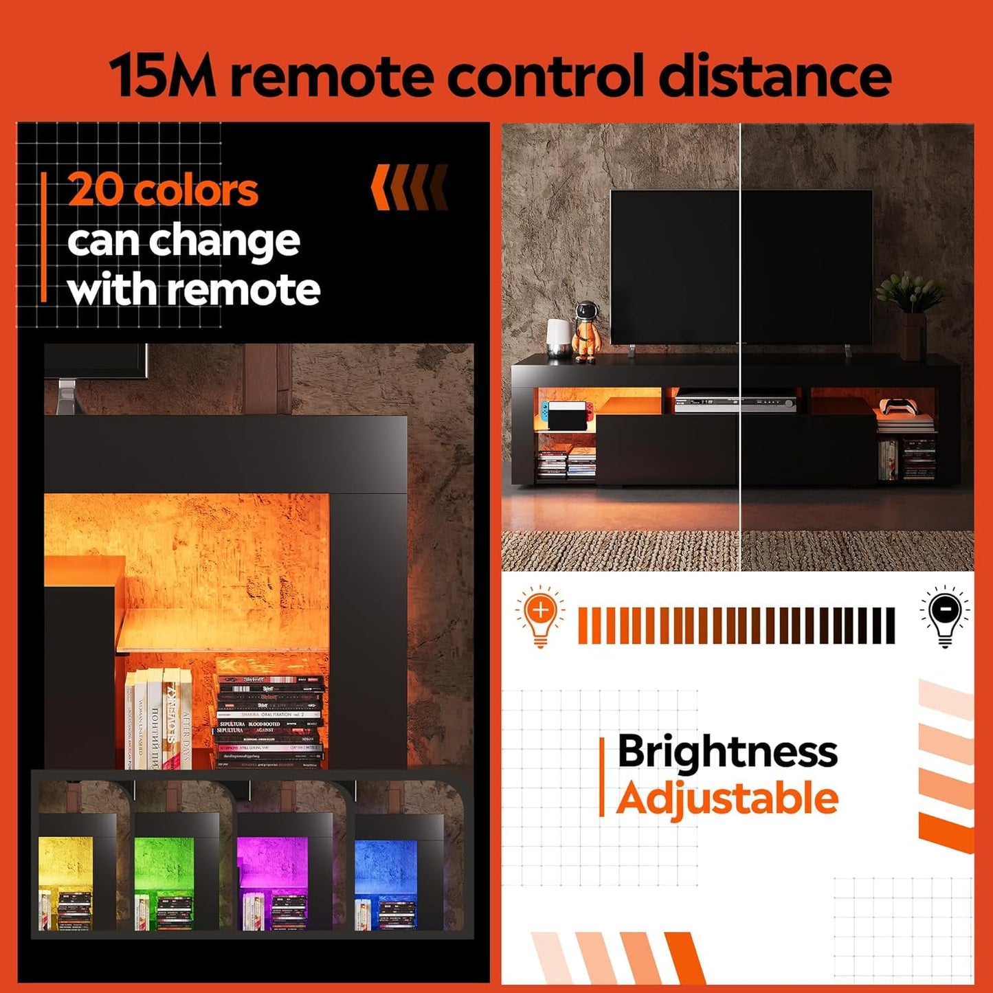 63 Inch TV Stand, LED Entertainment Center for 60 to 70 Inch TV, Modern TV Console with 2 Drawers, TV Stands for Living Room, Black-2