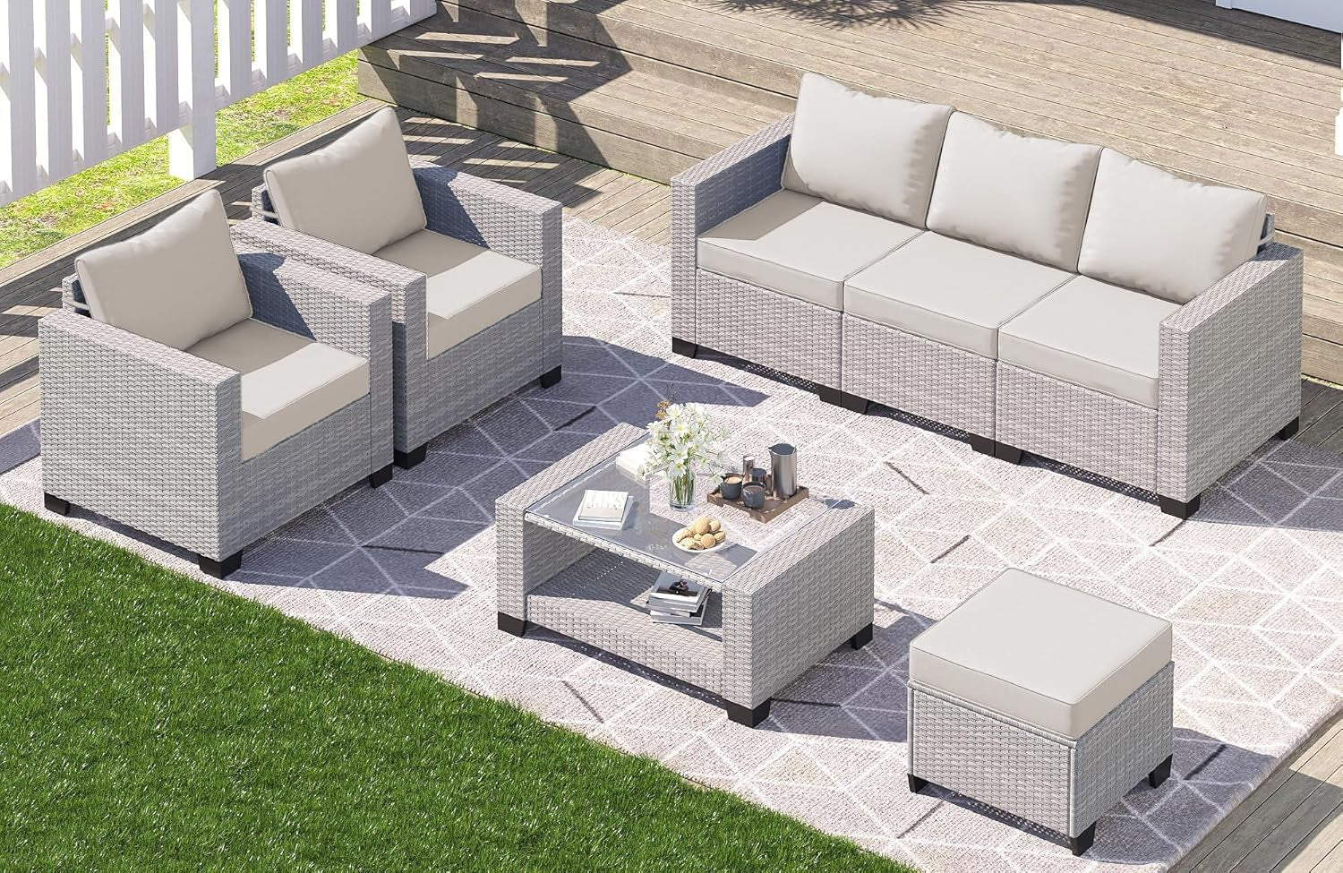 7 Piece Outdoor Patio Furniture Set, Outdoor Sectional Furniture, Rattan Chairs Glass Table Wicker Conversation Seating Sectional Sofa with Cushions (B-Grey White-Grey, B-7 Pieces-Tilted Back)-0