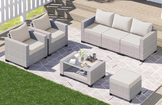 7 Piece Outdoor Patio Furniture Set, Outdoor Sectional Furniture, Rattan Chairs Glass Table Wicker Conversation Seating Sectional Sofa with Cushions (B-Grey White-Grey, B-7 Pieces-Tilted Back)-0