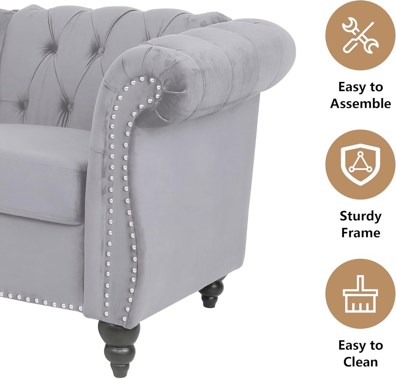 3 Piece Living Room Set, Sectional Chesterfield Sofa Chair Contemporary Upholstered Velvet Loveseat Couch Sets for Living Room, Bedroom, Office-4