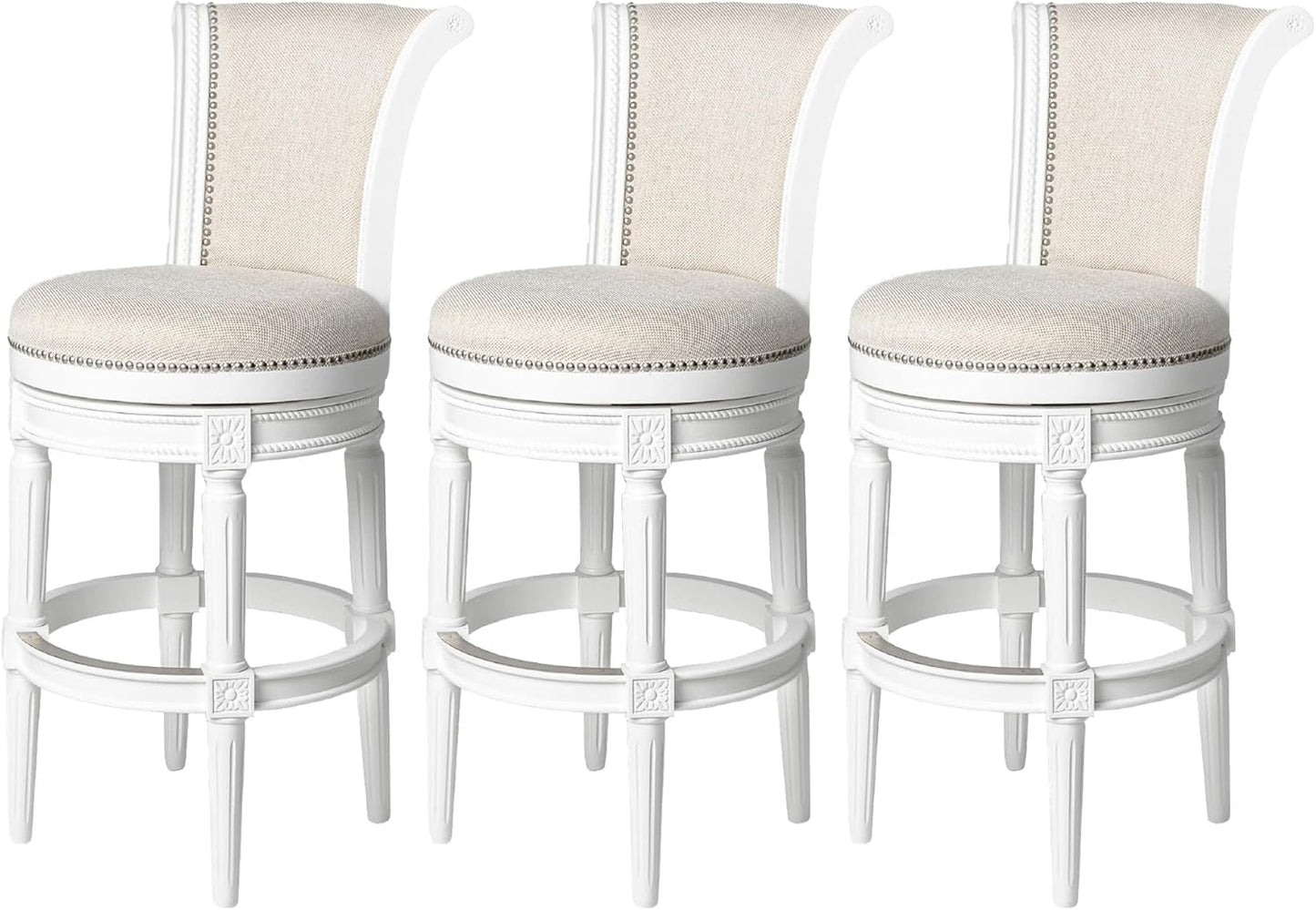 Pullman 31 Inch Tall Bar Height Upholstered Barstool with Back in Alabaster White Finish with Cream Fabric Cushion Seat, Set of 3-0