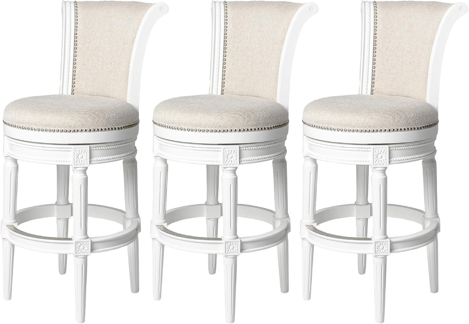 Pullman 31 Inch Tall Bar Height Upholstered Barstool with Back in Alabaster White Finish with Cream Fabric Cushion Seat, Set of 3-0