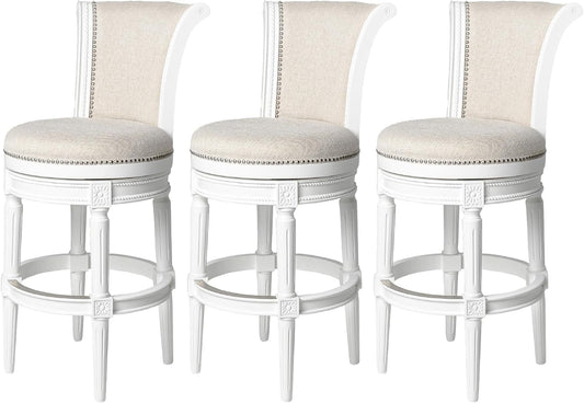 Pullman 31 Inch Tall Bar Height Upholstered Barstool with Back in Alabaster White Finish with Cream Fabric Cushion Seat, Set of 3-0