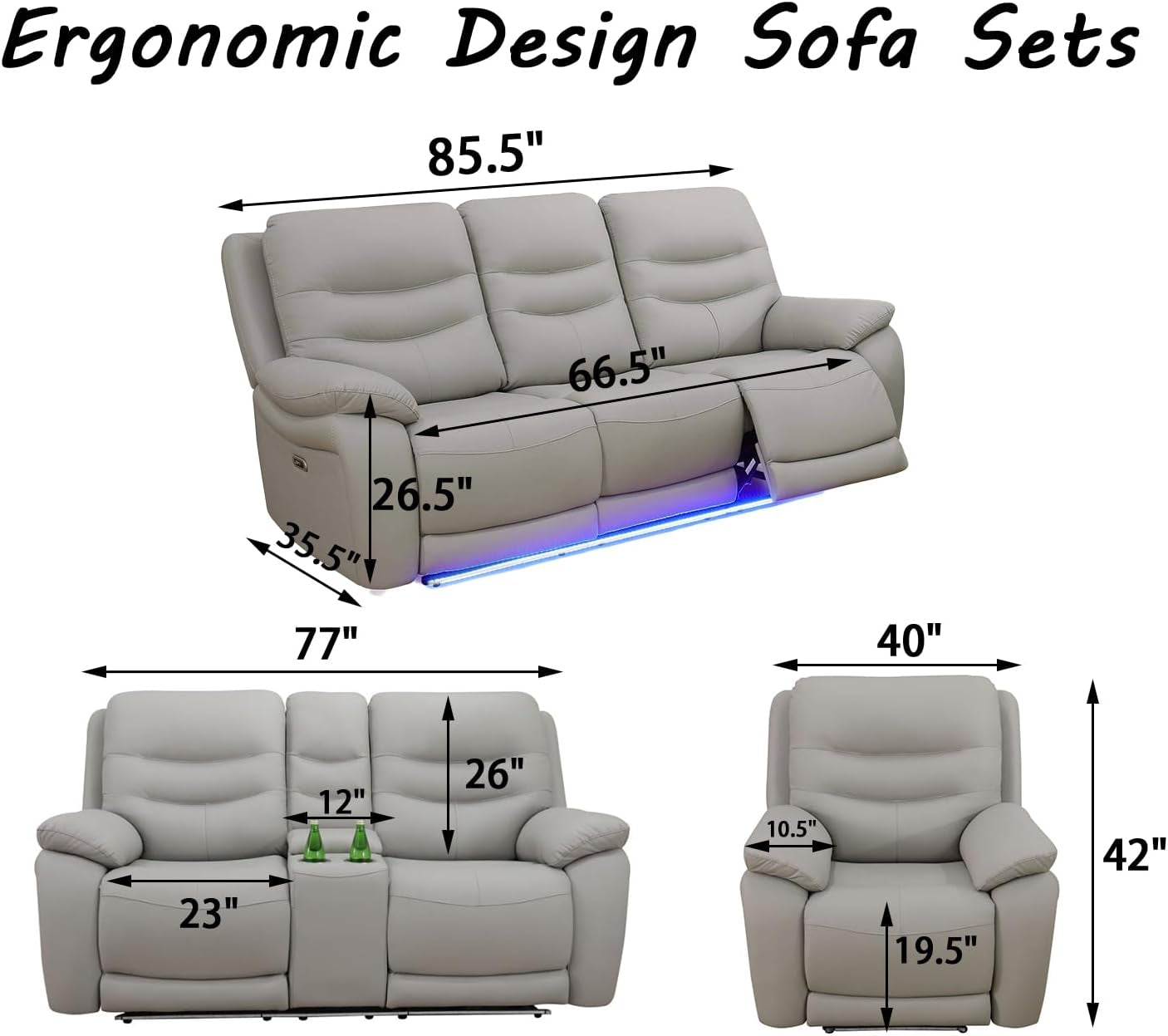 LED Power Recliner Sofa for Living Room Furniture Set, Leather Sectional Couches, Reclining Sofa with USB Port/Storage Console/Cup Holders (A-Light Grey 3-Piece Set)-1