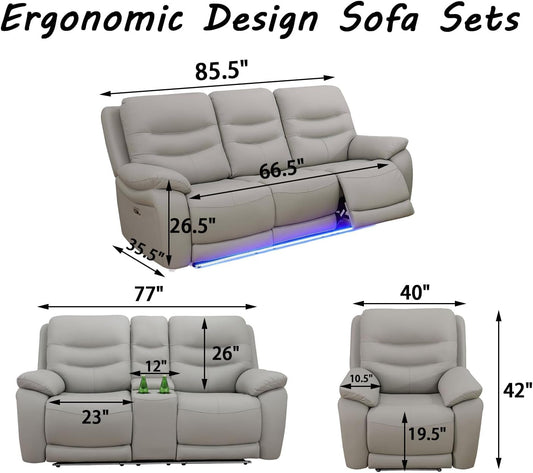 LED Power Recliner Sofa for Living Room Furniture Set, Leather Sectional Couches, Reclining Sofa with USB Port/Storage Console/Cup Holders (A-Light Grey 3-Piece Set)-1