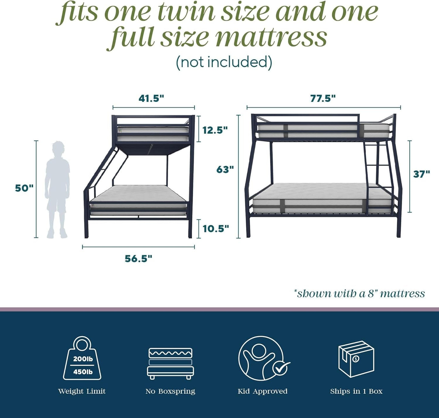 Maxwell Twin-Over-Full Metal Bunk Bed with Ladder and Guardrails, Navy Blue-1