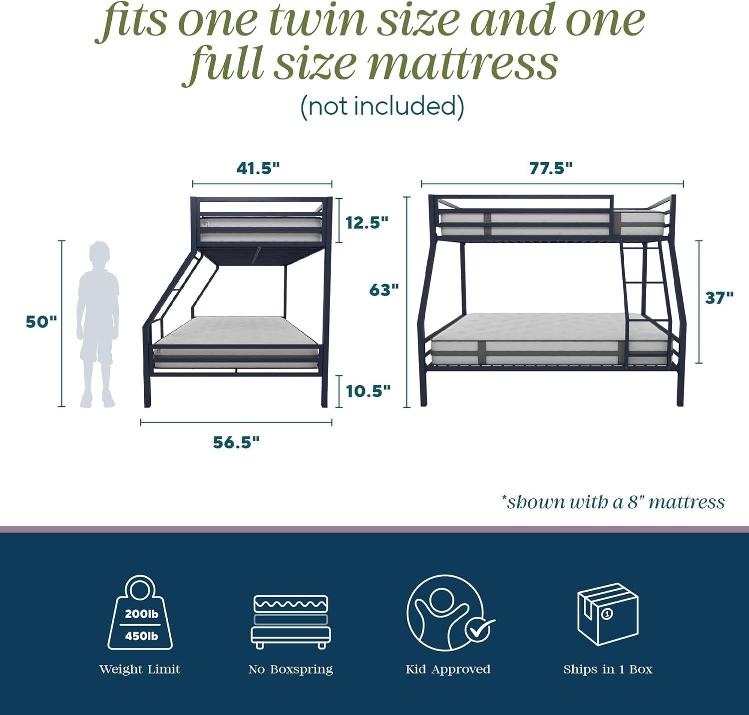 Maxwell Twin-Over-Full Metal Bunk Bed with Ladder and Guardrails, Navy Blue-1