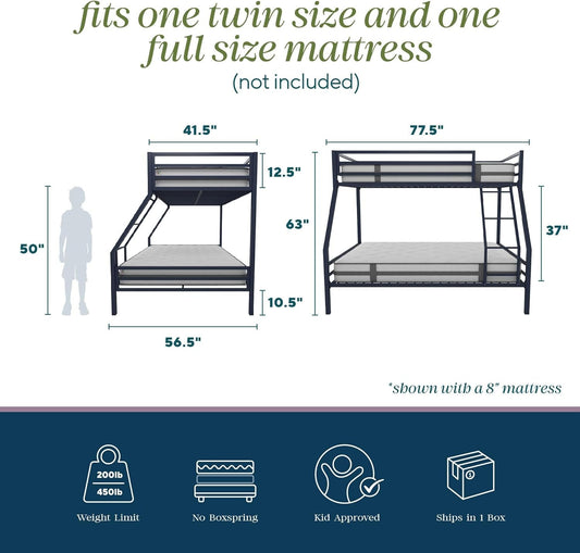 Maxwell Twin-Over-Full Metal Bunk Bed with Ladder and Guardrails, Navy Blue-1