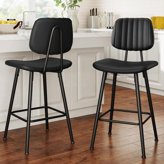 Bar Stools Set of 2, 24.6 Inch Counter Height Barstools, High Backrest Faux Leather Upholstered Counter Stools with Armless Footrest Modern Bar Chairs Tall Pub Stools for Kitchen Dining,Black-0