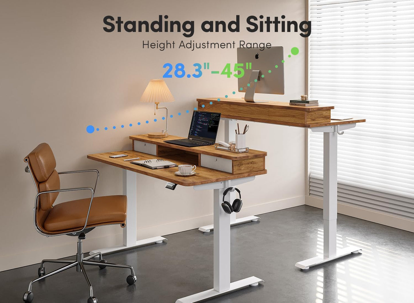48 X 24 Inch Height Adjustable Electric Standing Desk with Double Drawer, Stand up Desk with Storage Shelf, Sit Stand Desk, Light Wood-4