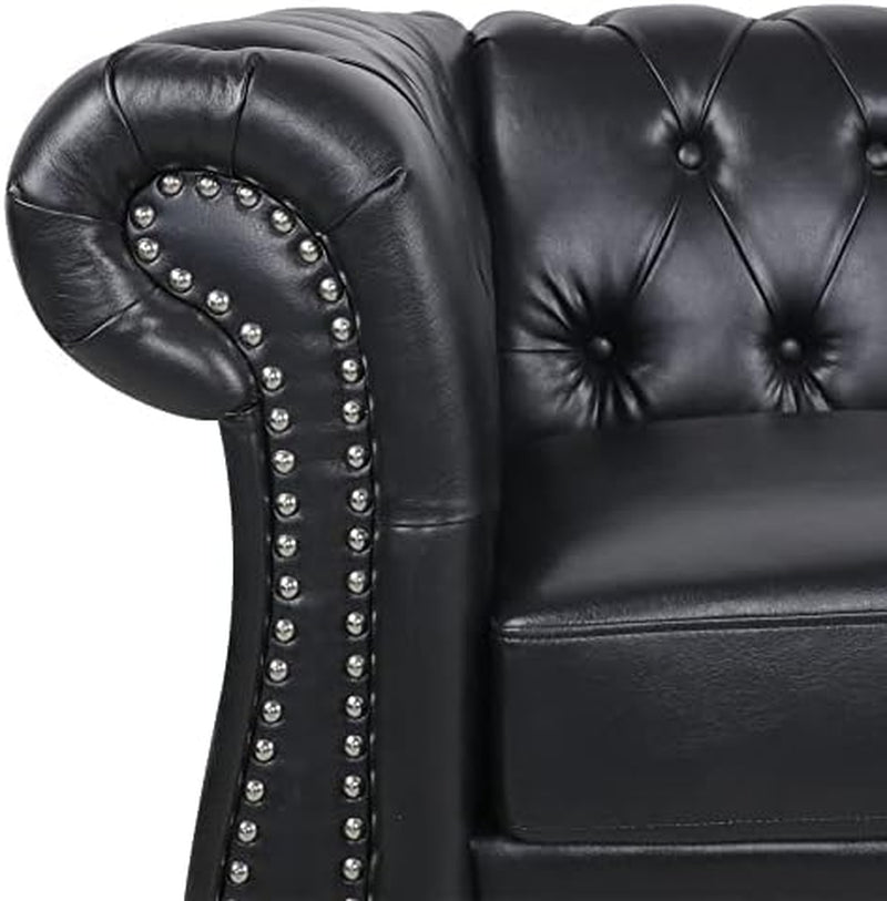 3 Pieces of Living Room Furniture Sofa Sets, Modern Faux Leather Chesterfield Sofa&Chesterfield Club Chair&Chesterfield Loveseat Sofas Set with Nailhead Trim Scroll Arms for Living Room(Black)-3