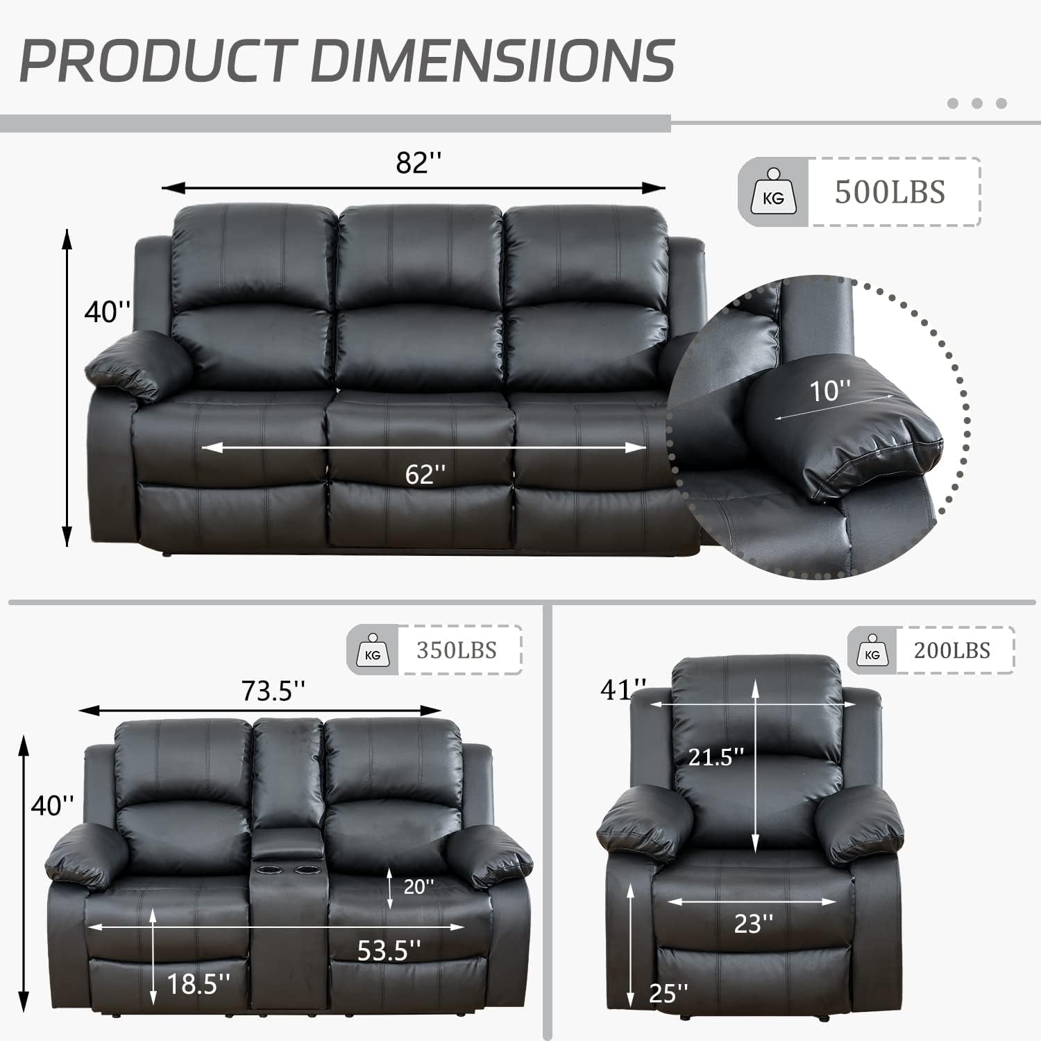 Manual Recliner Sofa Set, Bonded Leather Sofa Set Living Room Furniture, Reclining Sofa Set Leather Recliner Couch with Cup Holder/Storage Console for Living Room (3 Pieces Couch Set,Black)-1