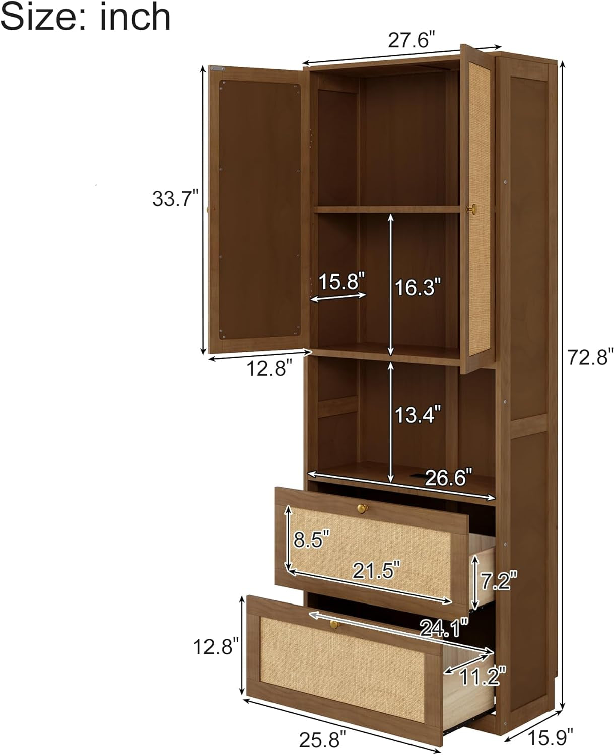 Queen Size Solid Wood Rattan Murphy Bed Cabinet-4