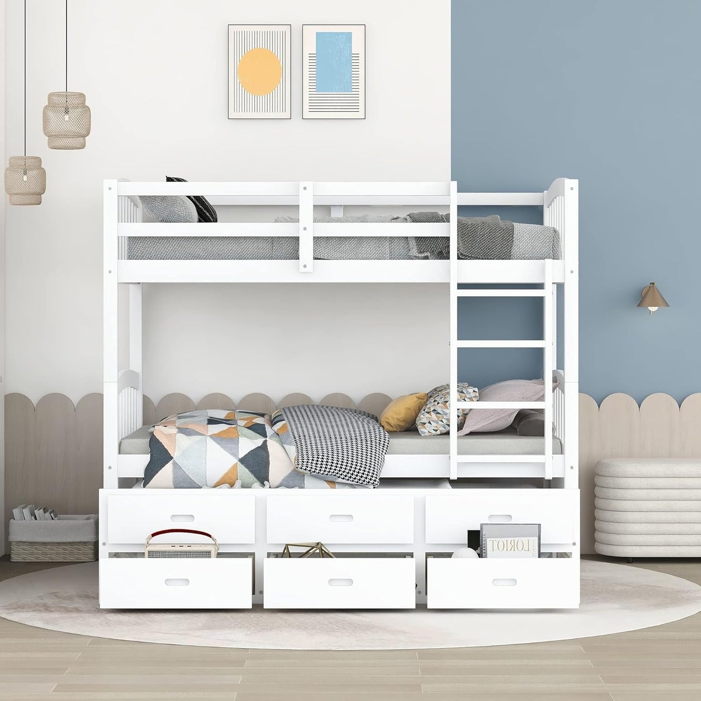 Harper&Bright Designs Twin over Twin Bunk Bed with Twin Trundle, 3 Storage Drawers, Safety Rail, and Removable Ladder, Can Be Separated into 3 Bed, White-3