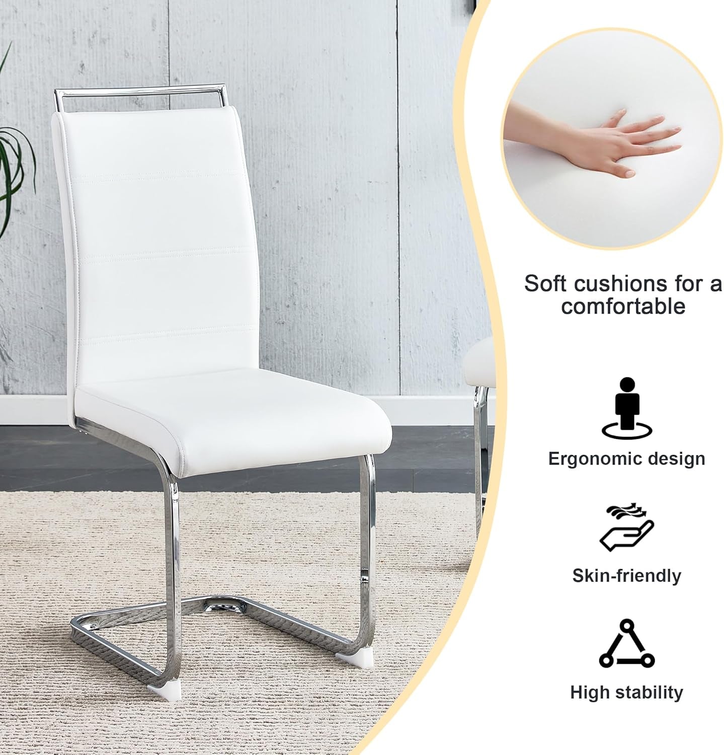 Modern Dining Chairs Set of 4, PU Faux Leather High Back Upholstered Dining Room Side Chair with Horizontal Stripe Backrest Design for Kitchen Living Room Vanity Patio Dinner Chairs, White-3