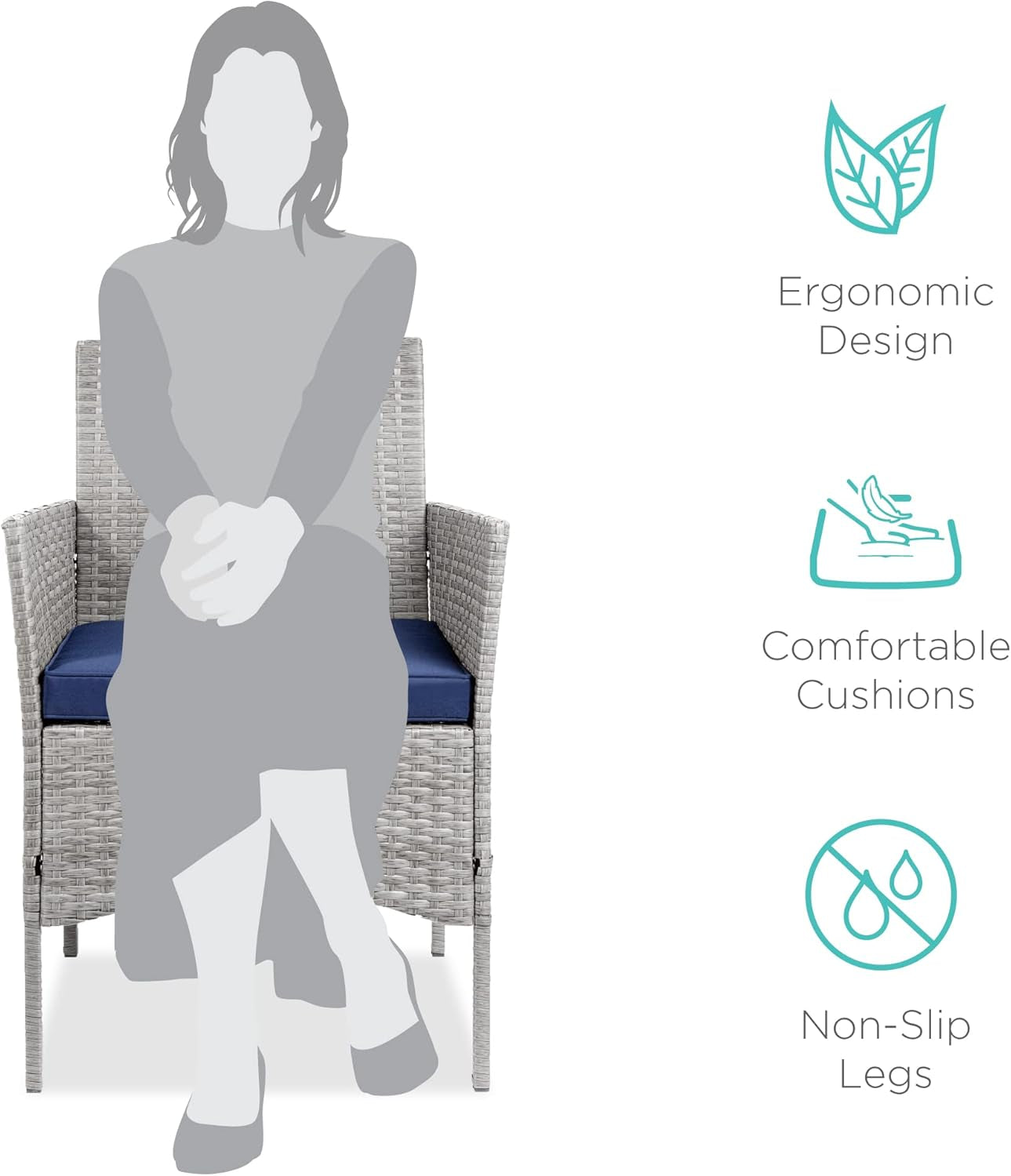 3-Piece Outdoor Wicker Conversation Bistro Set, Space Saving Patio Furniture for Garden W/Side Table - Gray/Navy-1