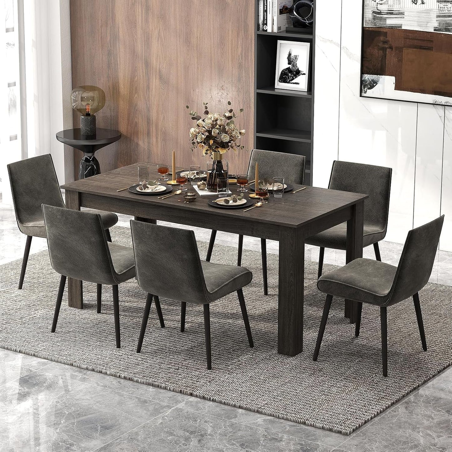 Wood Dining Table for 4-6 People, 63" Wood Rectangle Dinner Table, Modern Kitchen Table with L-Shaped Legs, 330Lbs Weight Capacity, Farmhouse Dinette Table for Dining Room, Living Room, Grey-3