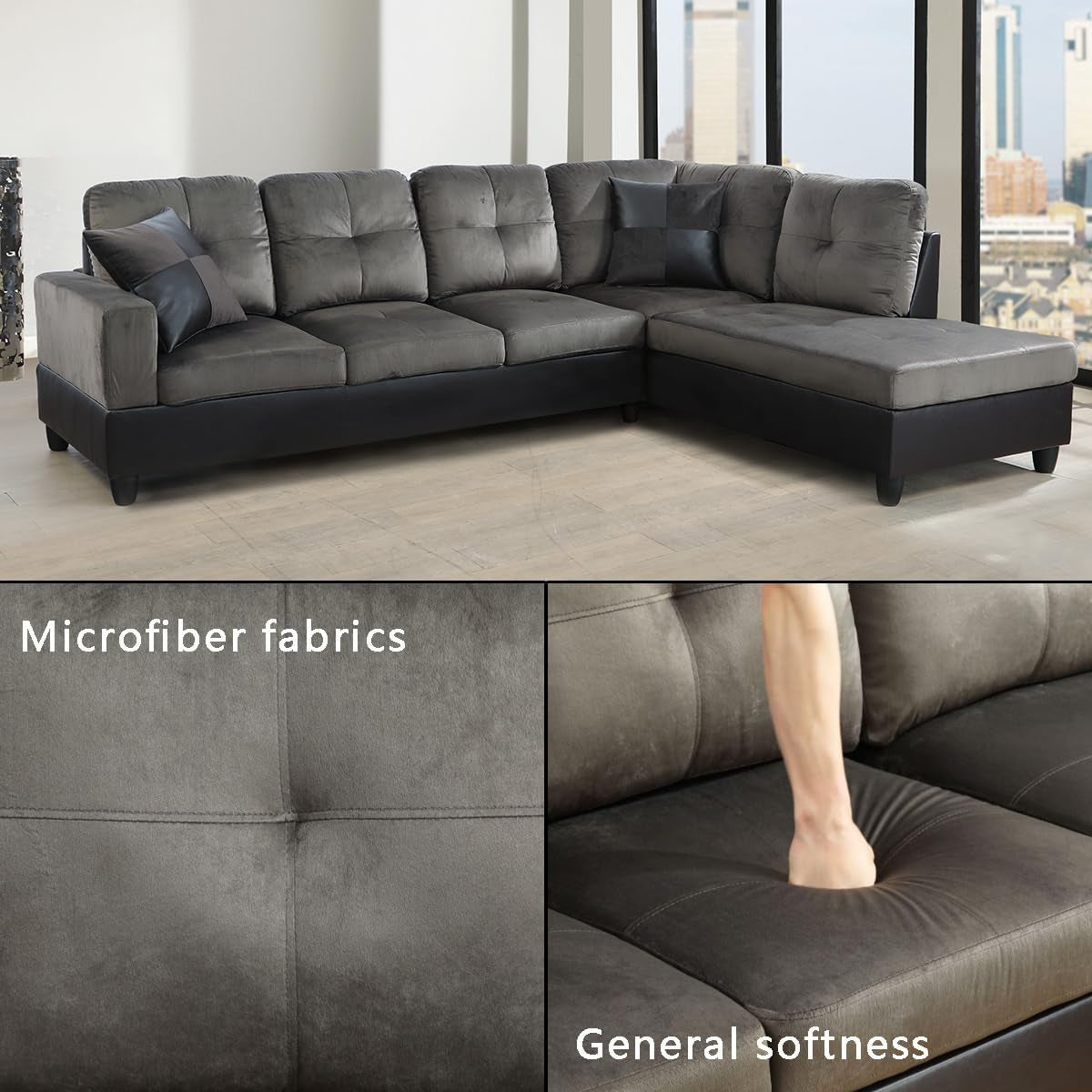 2 Pieces Sectional Sofa Sets, L-Shape Sofa Microfiber Couch Living Room Sofa Set with Chaise Using for Living Room Furniture(A-Taupe, Right Hand Facing)-3