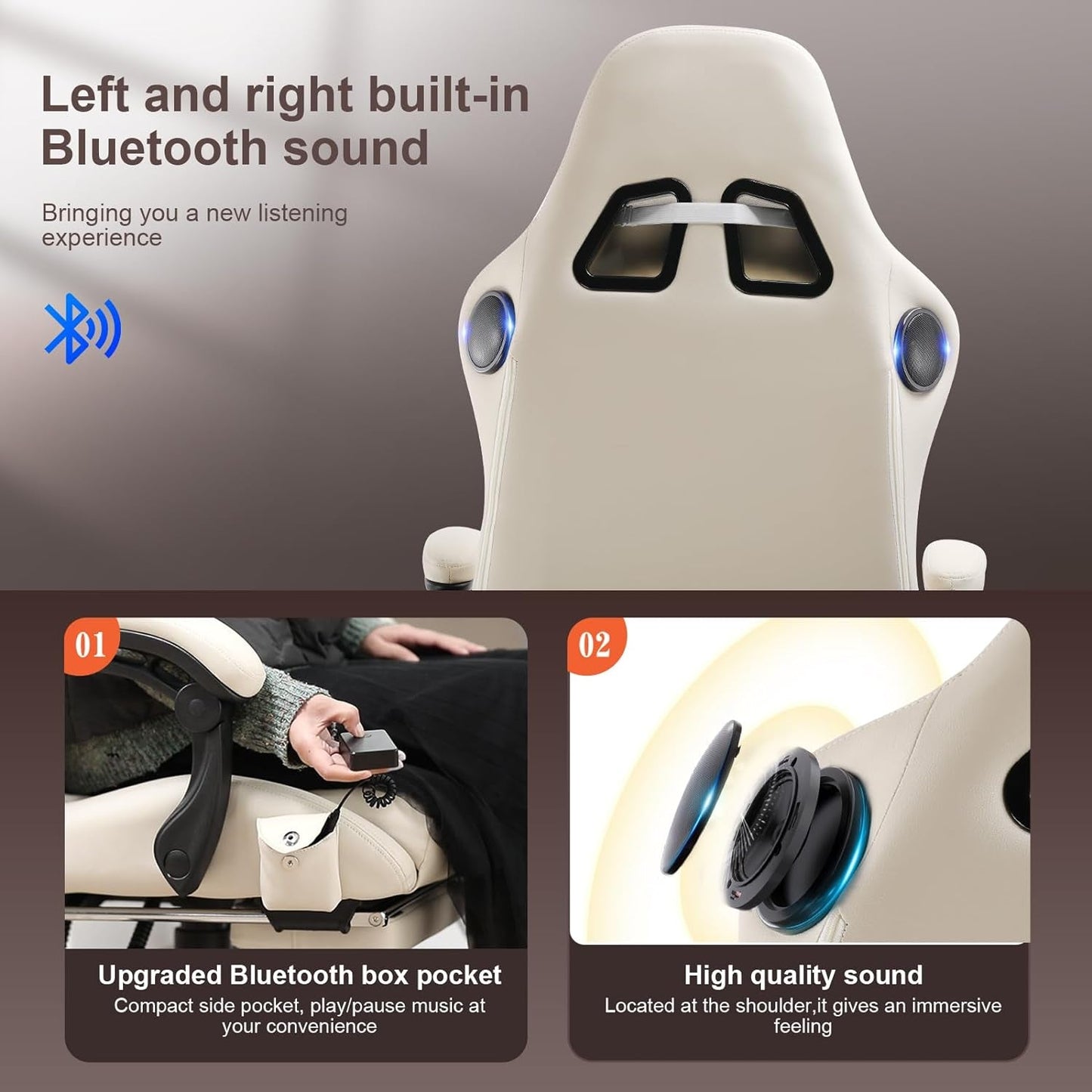 Bluetooth Speaker Gaming Chair with Footrest, Ivory-3
