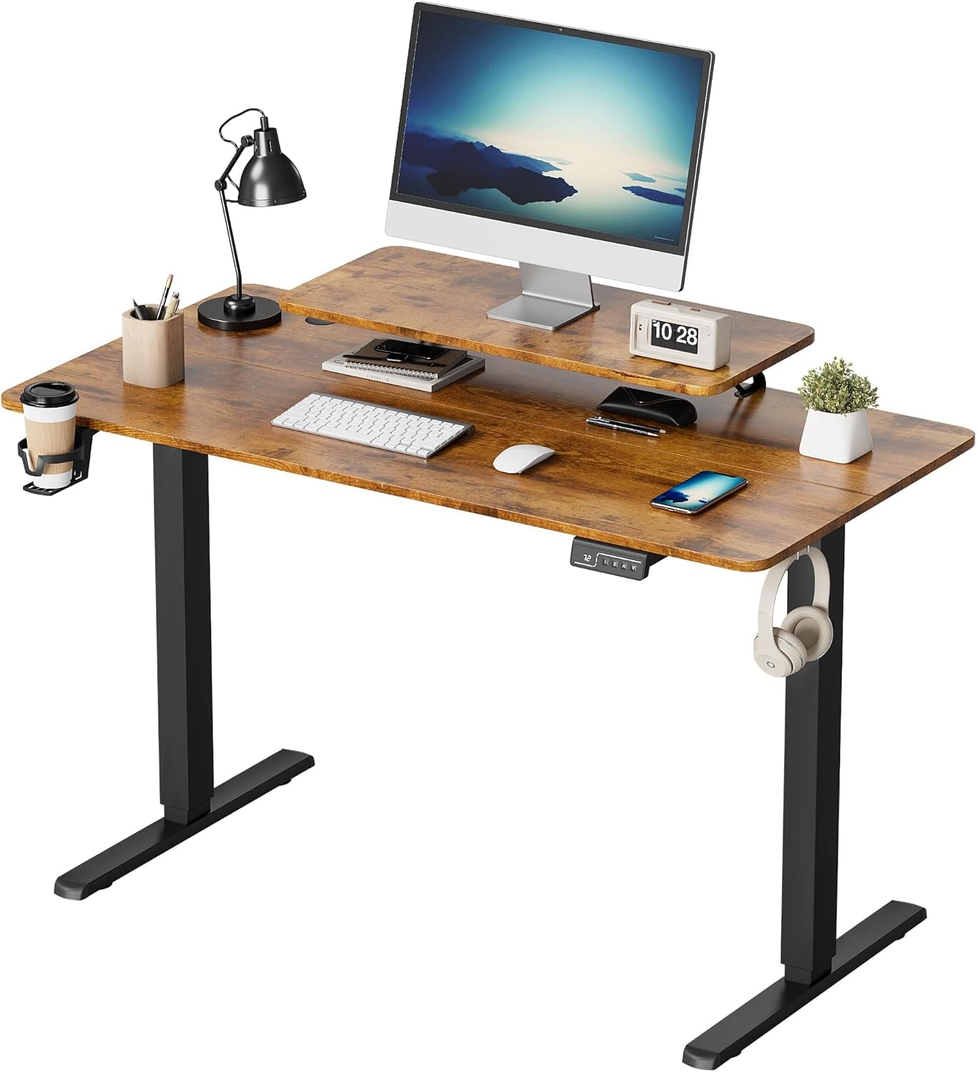 Electric Standing Desk with Monitor and Laptop Workstation, 47 X 24 Inches Height Adjustable Sit Stand up Desk, Computer Workstation with Cup Holder and Hook, Cable Holes, Rustic Brown-0