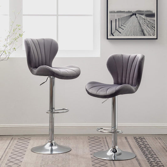 Ellston Velvet Adjustable Swivel Barstools in Gray, Set of 2, Grey-1