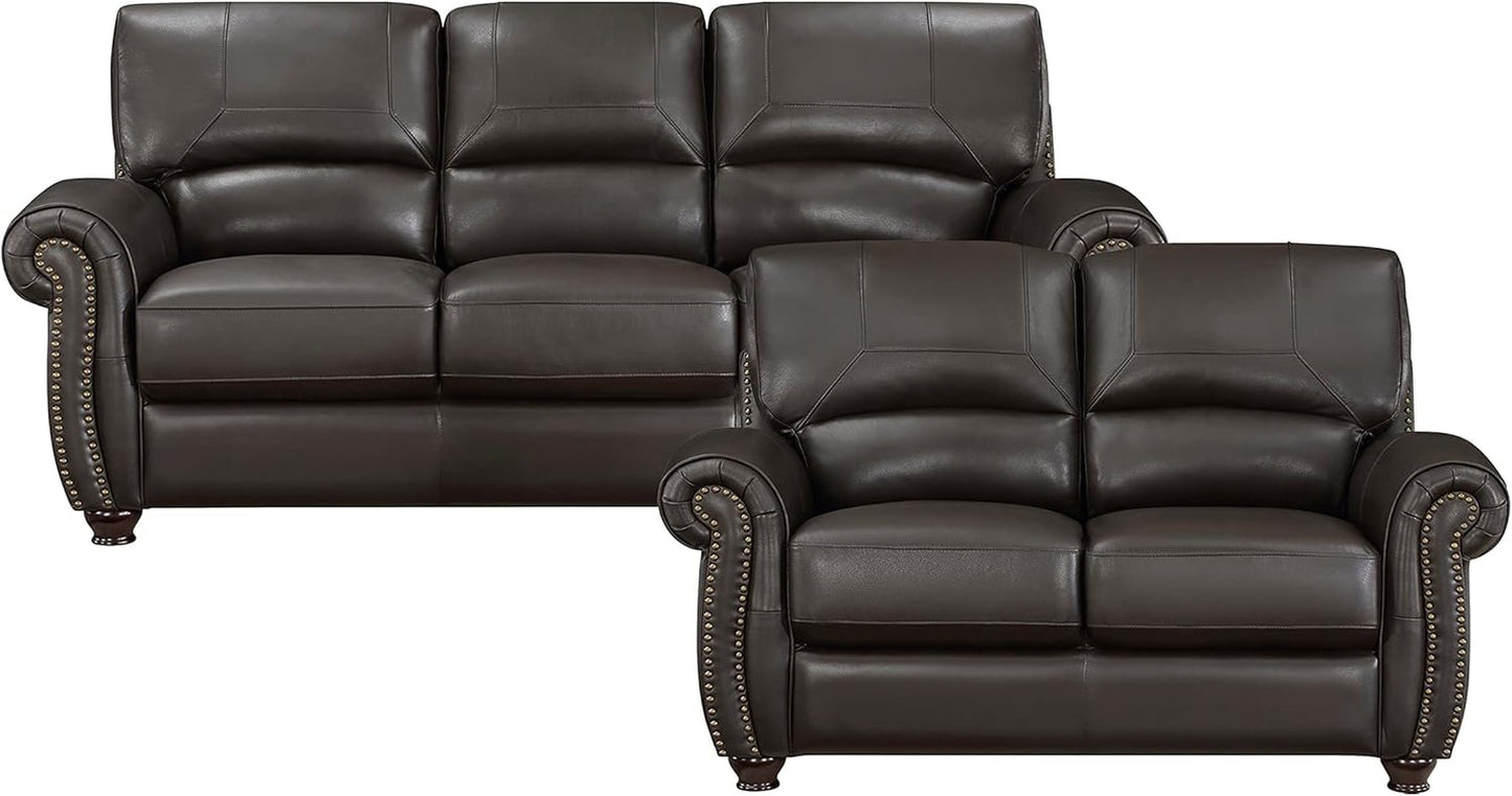 Leather Sofa Set, Top Grain Leather Living Room Furniture Sets, Include Sofa Couch and Loveseat, 2-Piece Set, Dark Brown-2