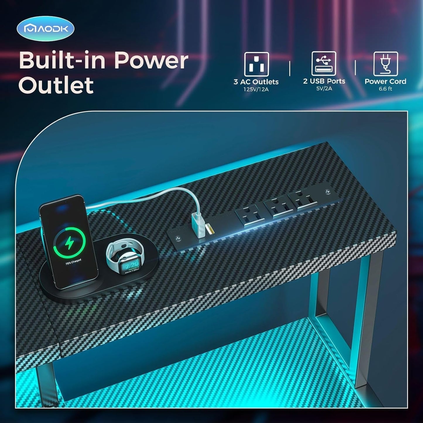 Computer Desk, 48 Inch Gaming Desk with Led Lights & Power Outlet, Office Desk with Printer Storage Shelves, Reversible Desk with Monitor Shelf & Headphone Hook, Carbon Fiber Black-3